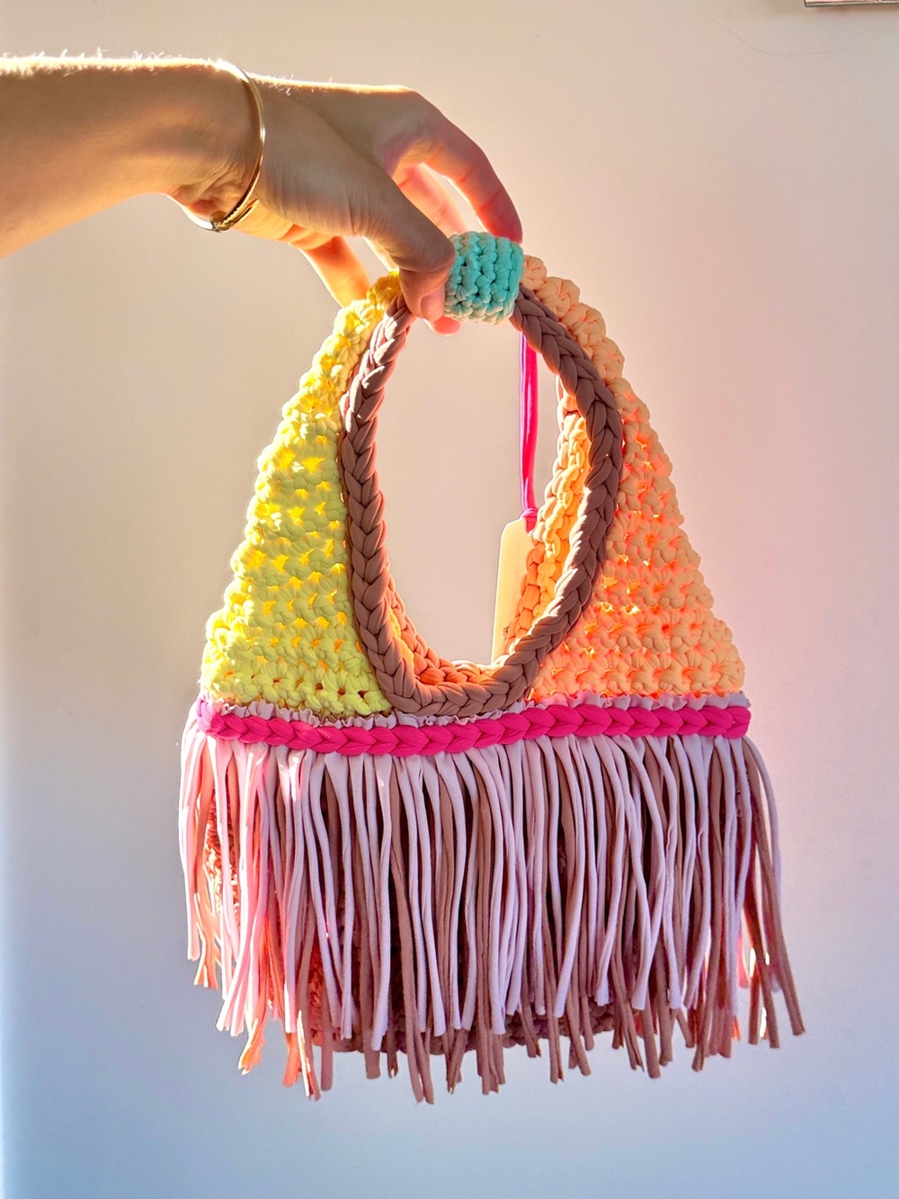 NEW hand knit Crochet Fringe Handbag Colorblock Yellow Peach Pink PQ ANDI BAGUS